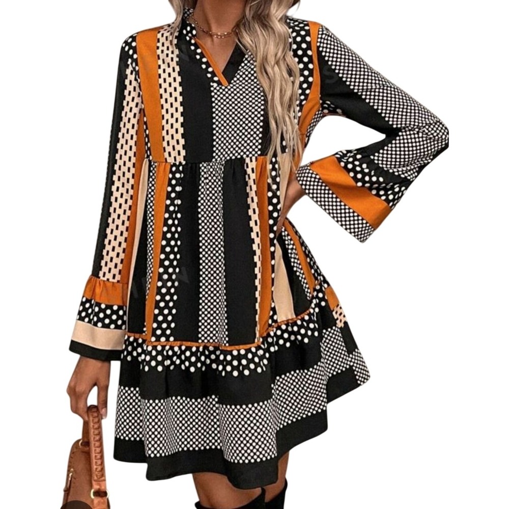 Emery Rose Women 1XL‎ Mixed Print Babydoll Dress Polka Dot Stripe Mustard Black